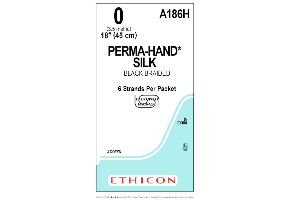 Ethicon 0 18" Perma-Hand* Silk Black Braided Suture 6 Strands Per Packet ( of 36) (Blue)