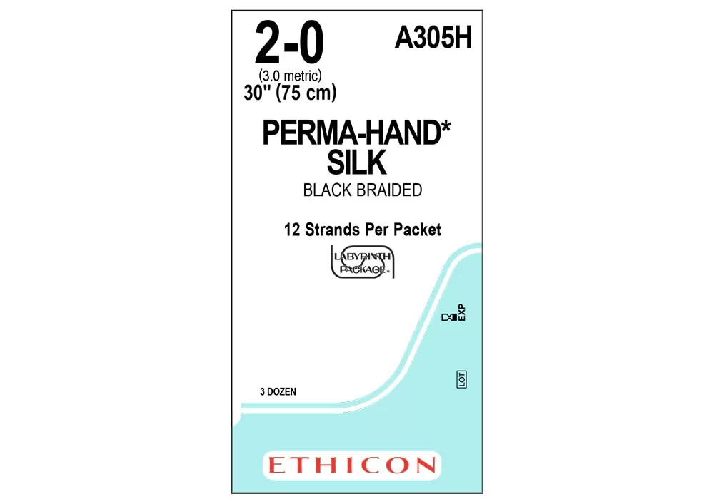 Ethicon 2-0 30" Perma-Hand Silk Black Braided Suture 12 Strands Per Packet ( of 36) (Blue)