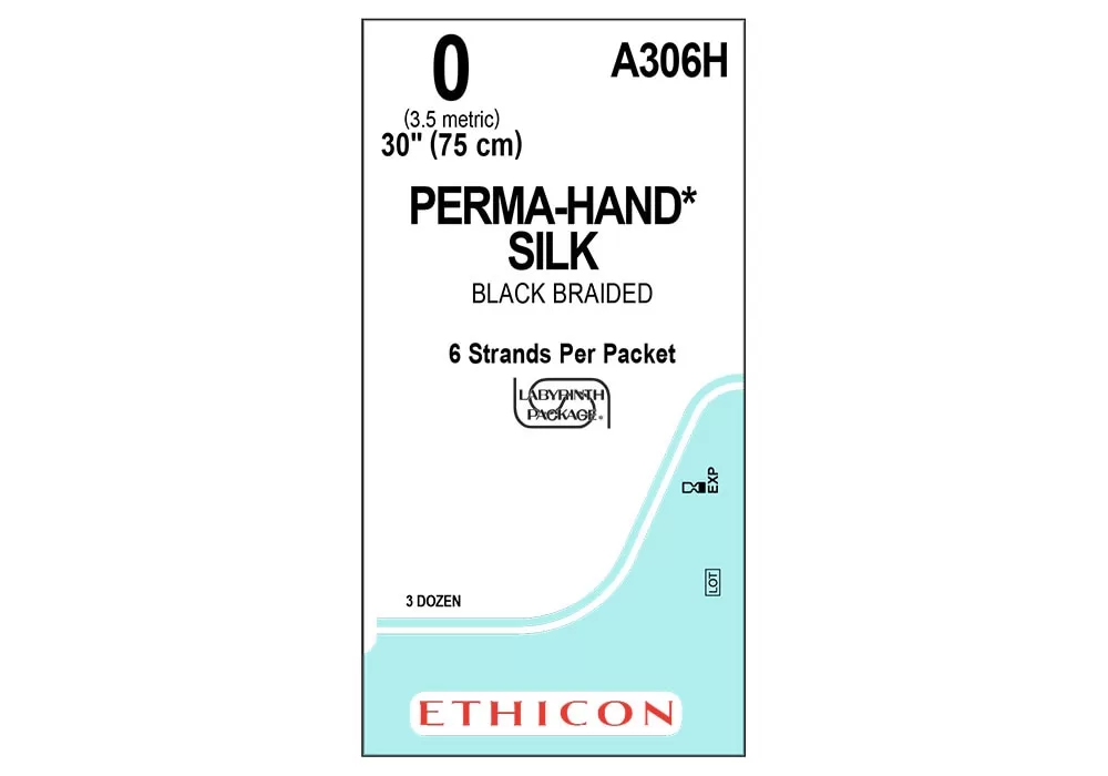 Ethicon 0 30" Perma-Hand* Silk Black Braided Suture 6 Strands Per Packet ( of 36) (Blue)
