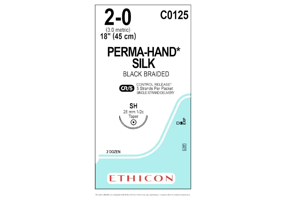 Ethicon 2-0 18" Perma-Hand* Silk Black Braided Suture Cr/5 Control Release* 5 Strands Per Packet Single Strand Delivery Sh 26 mm 1/2C Taper ( of 24) (Blue)