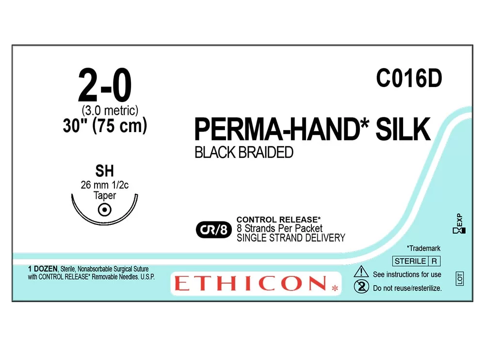 Ethicon 2-0 30" Perma-Hand* Silk Black Braided Non-Absorbable Suture Cr/8 Control Release* 8 Strands Per Packet Single Strand Delivery Sh 26 mm 1/2C Taper ( of 12) (Blue)