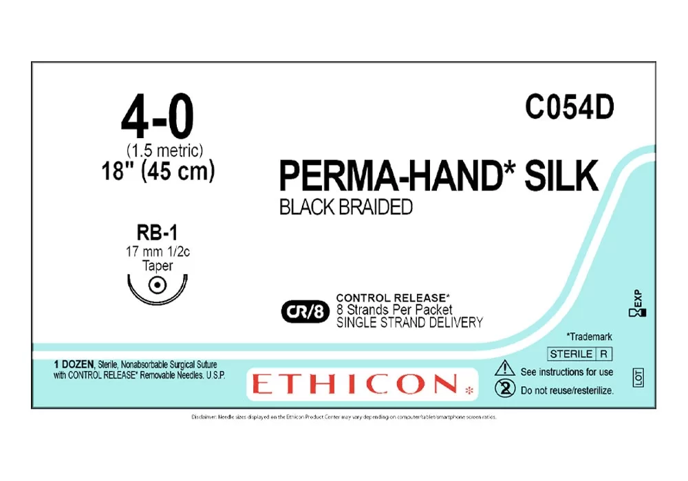 Ethicon 4-0 18" Perma-Hand* Silk Black Braided Suture, Cr/8 Control Release* 8 Strands Per Packet Single Strand Delivery Rb-1 17 mm 1/2C Taper ( of 12) (Blue)