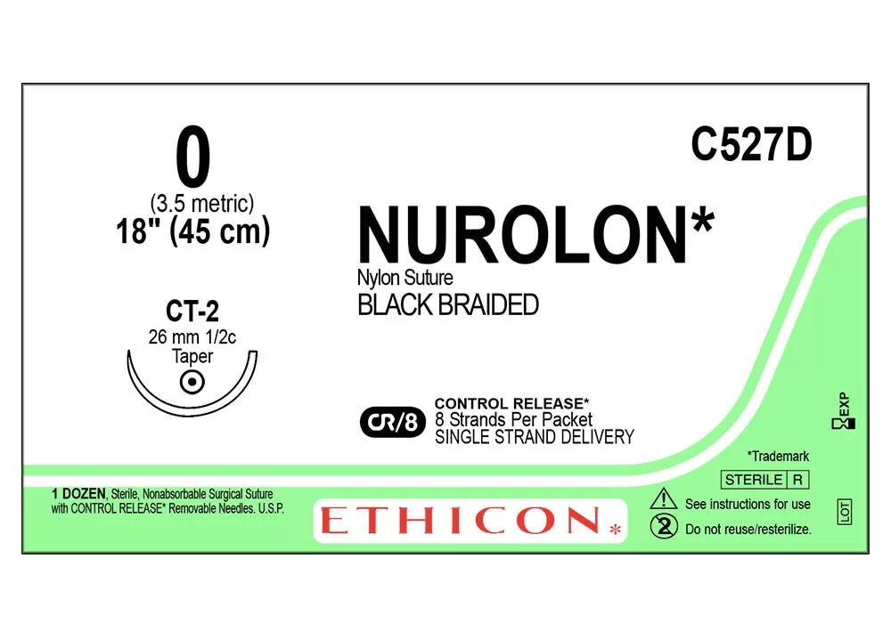 Ethicon 0 8" Nurolon* Nylon Suture Black Braided Cr/8 Control Release* 8 Strands Per Packet Single Strand Delivery Ct-2 26 mm 1/2C Taper ( of 12) (Green)
