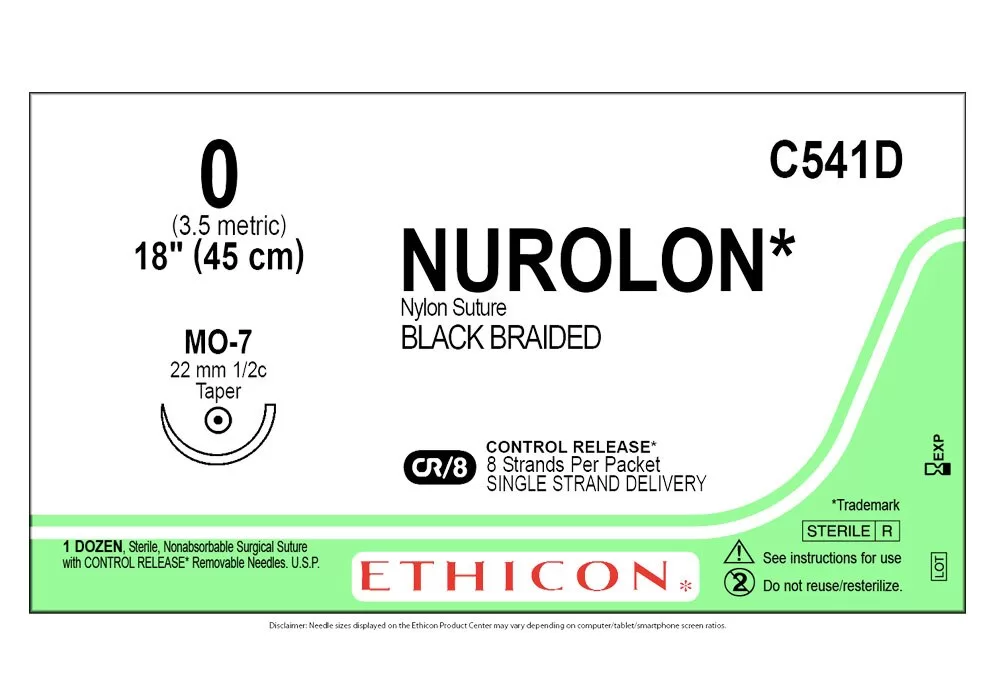 Ethicon 0 18" Nurolon* Nylon Suture Black Braided Cr/8 Control Release* 8 Strands Per Packet Single Strand Delivery Mo-7 22 mm 1/2C Taper ( of 12) (Green)
