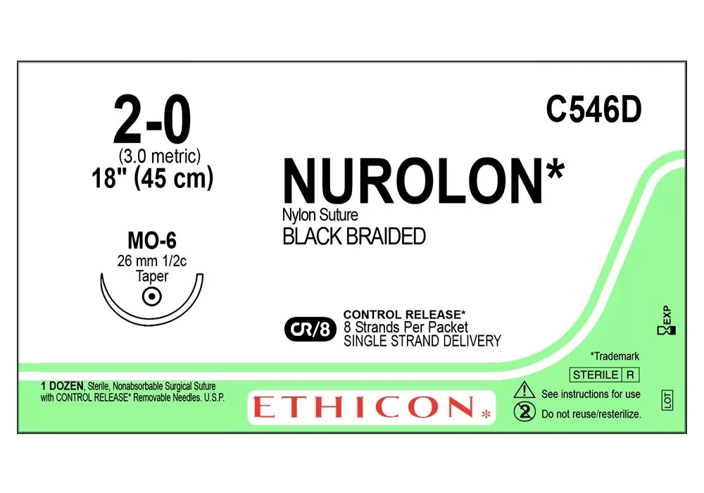 ETHICON C546D Ethicon 2-0 18" (45 cm) Nurolon* Black Braided Nylon Suture, Cr/8 Control Release* 8 Strands Per Packet Single Strand Delivery, Mo-6 26 mm 1/2C Taper Point ( of 12) (Green)