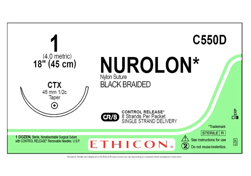 Ethicon 1 18" Nurolon* Nylon Suture Black Braided Cr/8 Control Release* 8 Strands Per Packet Single Strand Delivery Ctx 48 mm 1/2C Taper ( of 12) (Green)