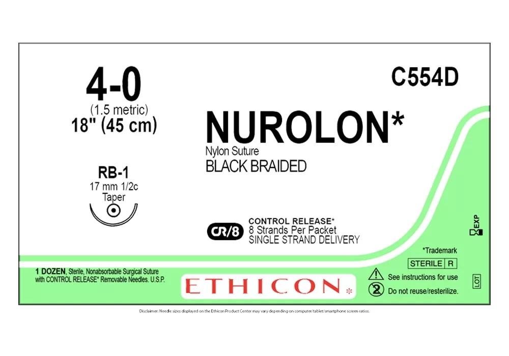 Ethicon 4-0 18" Nurolon* Polyamide 6.6 Black Braided Non-Absorbable Nylon Suture Cr/8 Control Release 8 Strands Per Packet Single Strand Delivery Rb-1 17 mm 1/2C Taperpoint ( of 12) (Green)