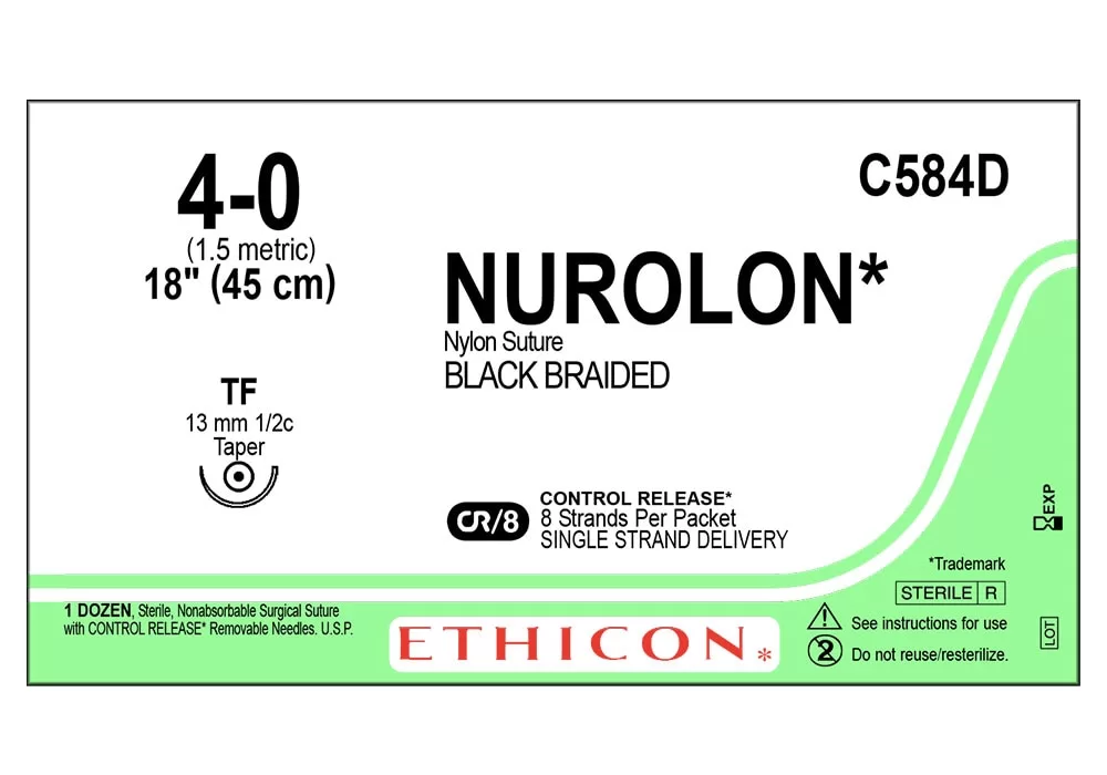 Ethicon 4-0 18" Nurolon* (Polyamide 6.6) Black Braided Non-Absorbable Nylon Suture Cr/8 Control Release* 8 Strands Per Packet Tf 13 mm 1/2C Taperpoint ( of 12) (Green)
