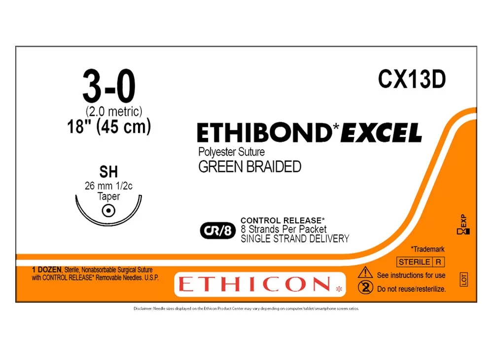 Ethicon 3-0 18" Ethibond* Excel Green Braided Polyester Suture Cr Control Release* 8 Strands Per Packet Single Strand Delivery( of 12) (Orange)