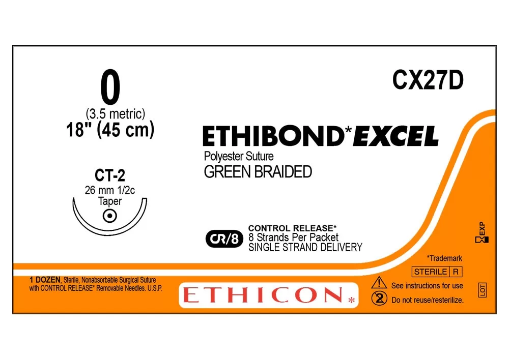 Ethicon 0 18" Ethibond* Excel Coated Polyester Green Braided Non-Absorbable Suture Cr/8 Control Release 8 Strands Per Packet Ct-2 26 mm 1/2C Taper ( of 12) (Orange)