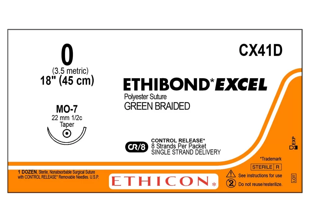 Ethicon 0 18" Ethibond* Excel Polyester Suture Green Braided Cr/8 Control Release* 8 Strands Per Packet Single Strand Delivery Mo-7 22 mm 1/2C Taper ( of 12) (Orange)