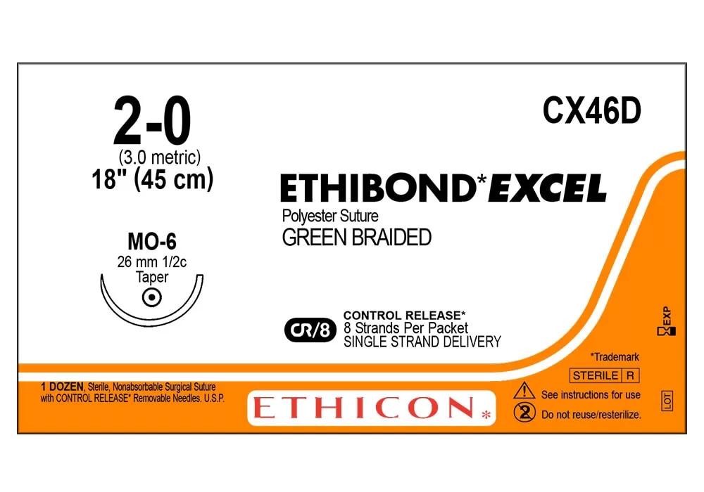 Ethicon 2-0 18" Ethibond Excel Polyester Suture Green Braided Cr/8 Control Release 8 Strands Per Packet Single Strand Delivery Mo-6 26 mm 1/2C Taper ( of 12) (Orange)