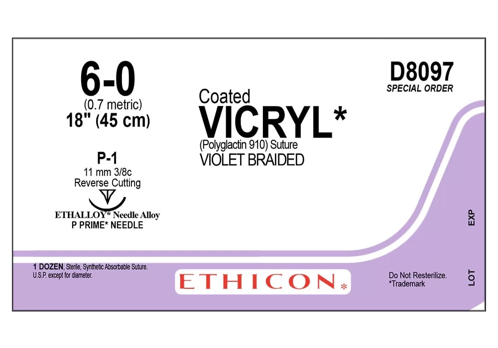 Ethicon 6-0 18" Coated Vicryl* (Polyglactin 910) Violet Braided Absorbable Suture, P-1, 11 mm Cutting Edge Prime Reverse Multipass Needle ( of 12)(Purple)