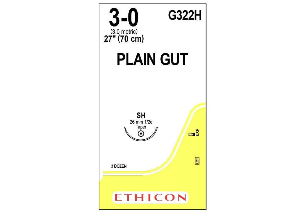 ETHICON G322H Ethicon 3-0 27" Plain Gut Suture, Sh 26 mm 1/2C Taper Point Needle ( of 36) (Yellow)
