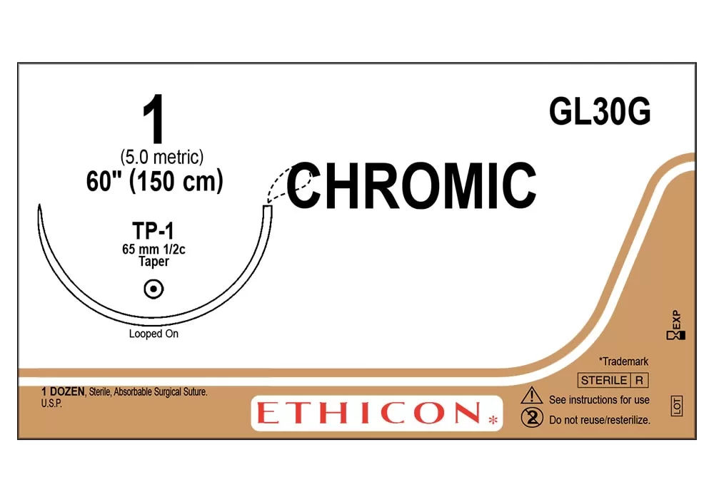 Ethicon 1 60" Chromic Gut Suture, Tp-1 65 mm 1/2C Taper Point Needle Looped On ( of 12) (Gold)