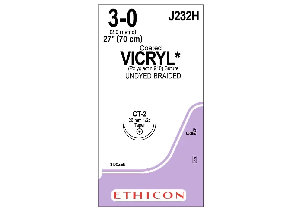 Ethicon 3-0 27" Coated Vicryl* (Polyglactin 910) Undyed Braided Absorbable Suture Ct-2 26 mm 1/2C Taper ( of 36) (Purple)