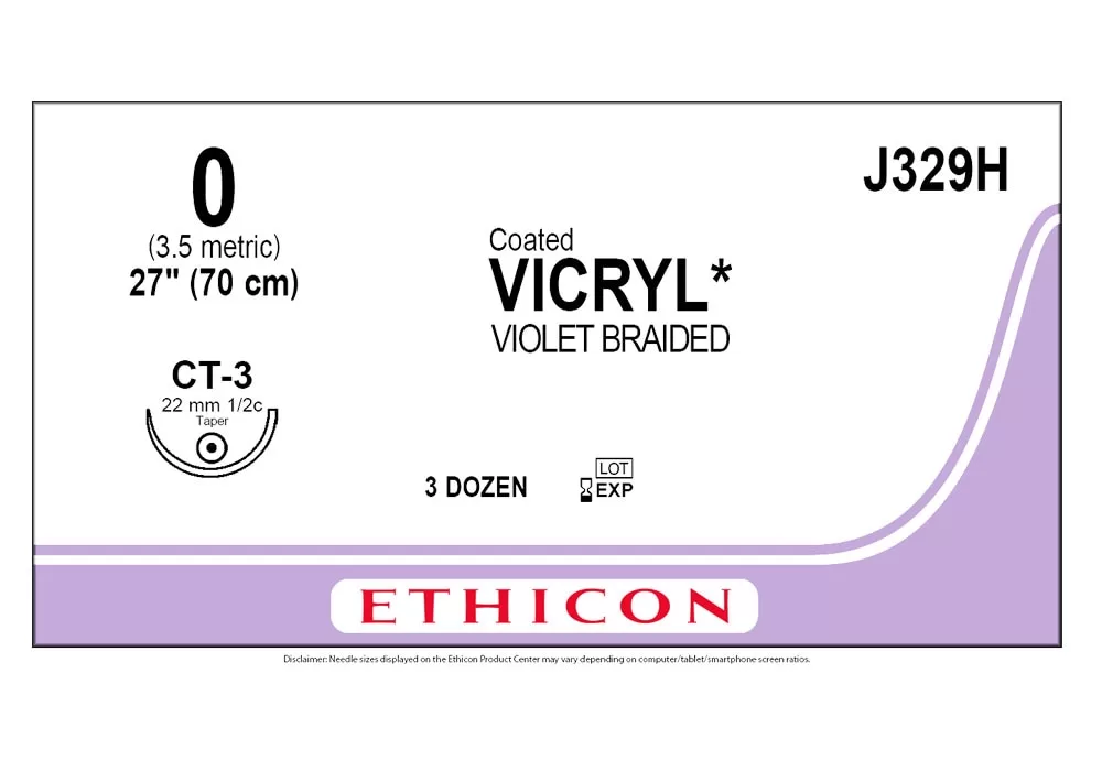 Ethicon 0 27" Coated Vicryl* (Polyglactin 910) Suture Violet Braided Ct-3 22 mm 1/2C Taper ( of 36) (Purple)