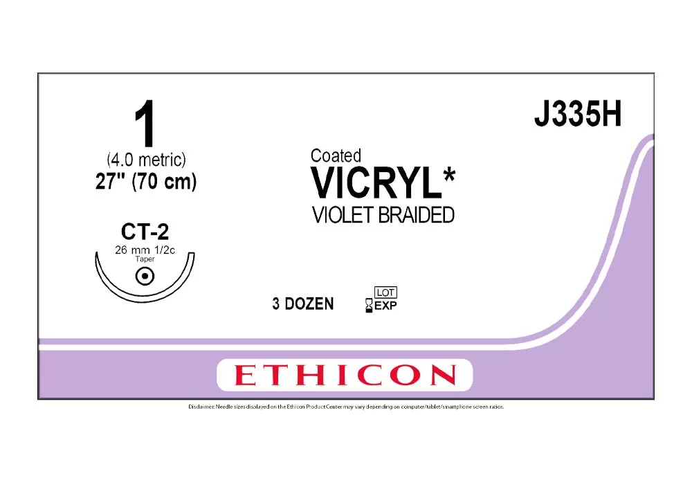 Ethicon 1 27" Coated Vicryl* (Polyglactin 910) Suture Violet Braided Ct-2 26 mm 1/2C Taper ( of 36) (Purple)