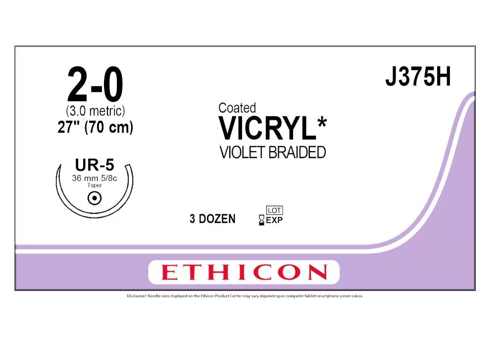 Ethicon 2-0 27" Coated Vicryl* (Polyglactin 910) Suture Violet Braided Ur-5 36 mm 5/8C Taper ( of 36) (Purple)