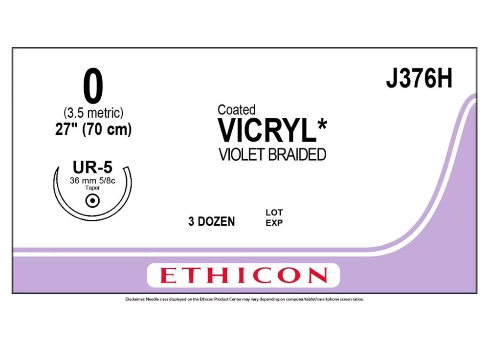 Ethicon 0 27" Coated Vicryl* (Polyglactin 910) Violet Braided Absorbable Suture Ur-5 36 mm 5/8C Taper ( of 36) (Purple)