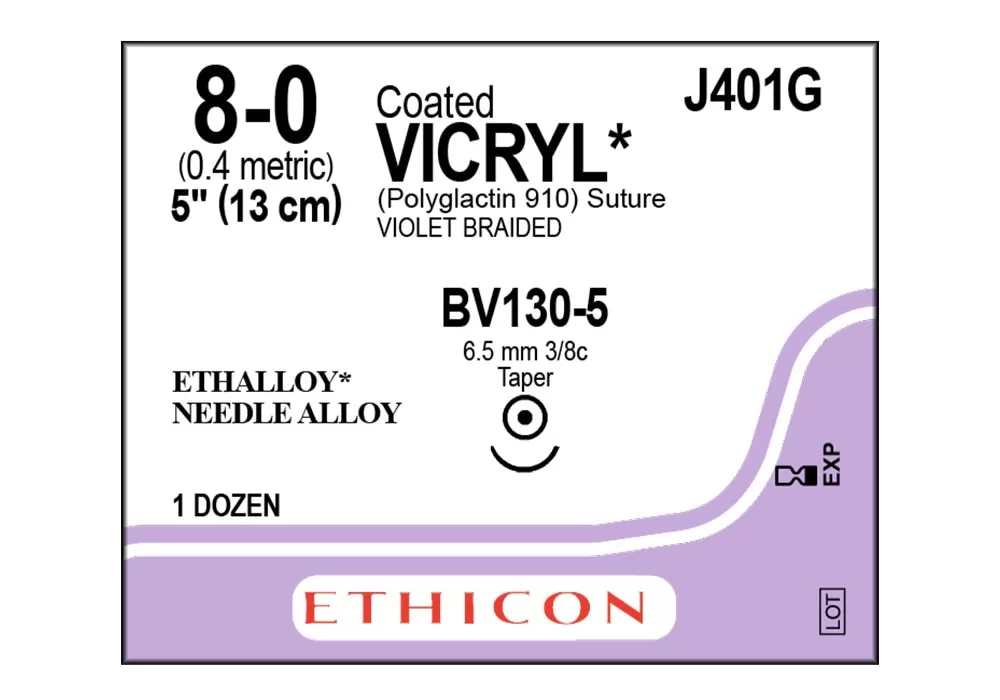 Ethicon 8-0 5" Coated Vicryl* (Polyglactin 910) Violet Braided Absorbable Suture Bv130-5 6.5 mm 3/8C Taperpoint ( of 12) (Purple)
