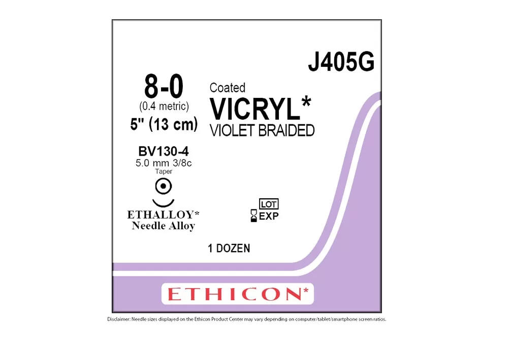 Ethicon 8-0 5" Coated Vicryl* (Polyglactin 910) Suture Violet Braided Bv130-4 5.0 mm 3/8C Taper ( of 12) (Purple)