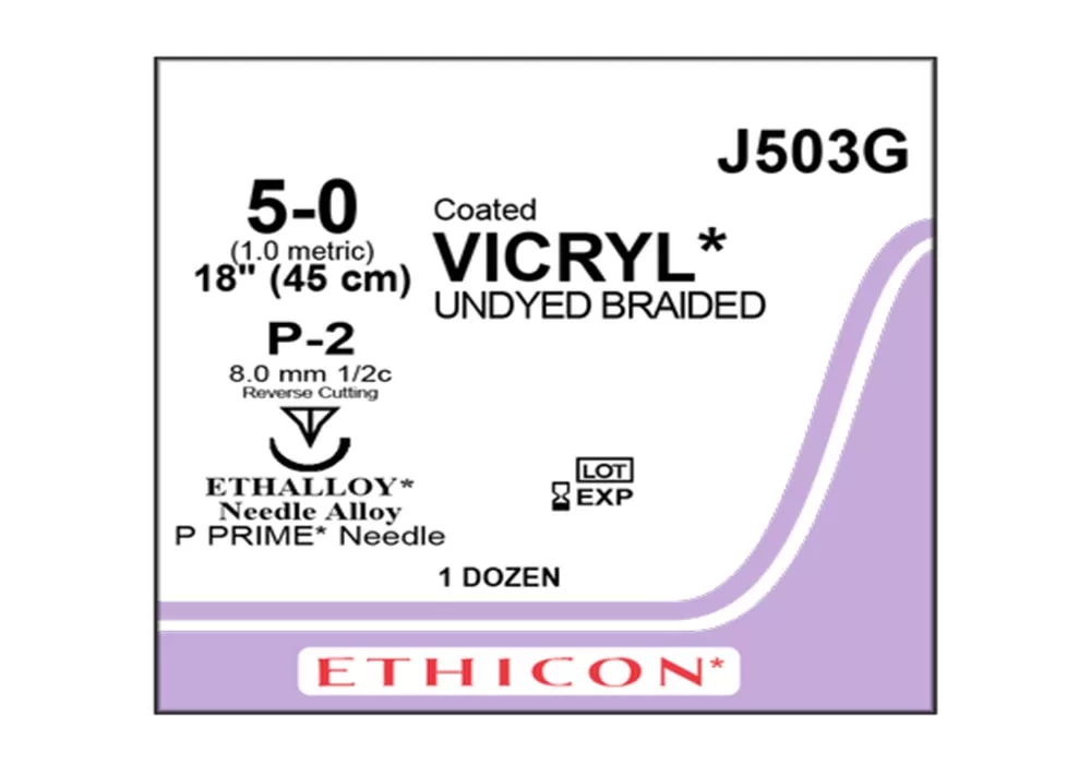 Ethicon 5-0 18" Coated Vicryl* (Polyglactin 910) Undyed Braided Absorbable Suture P-2 8.0 mm 1/2C Reverse Cutting ( of 12) (Purple)