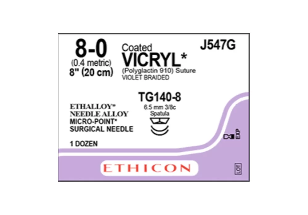 Ethicon 8-0 8" Coated Vicryl* (Polyglactin 910) Violet Braided Suture Tg140-8 6.5 mm 3/8C Spatula ( of 12) (Purple)