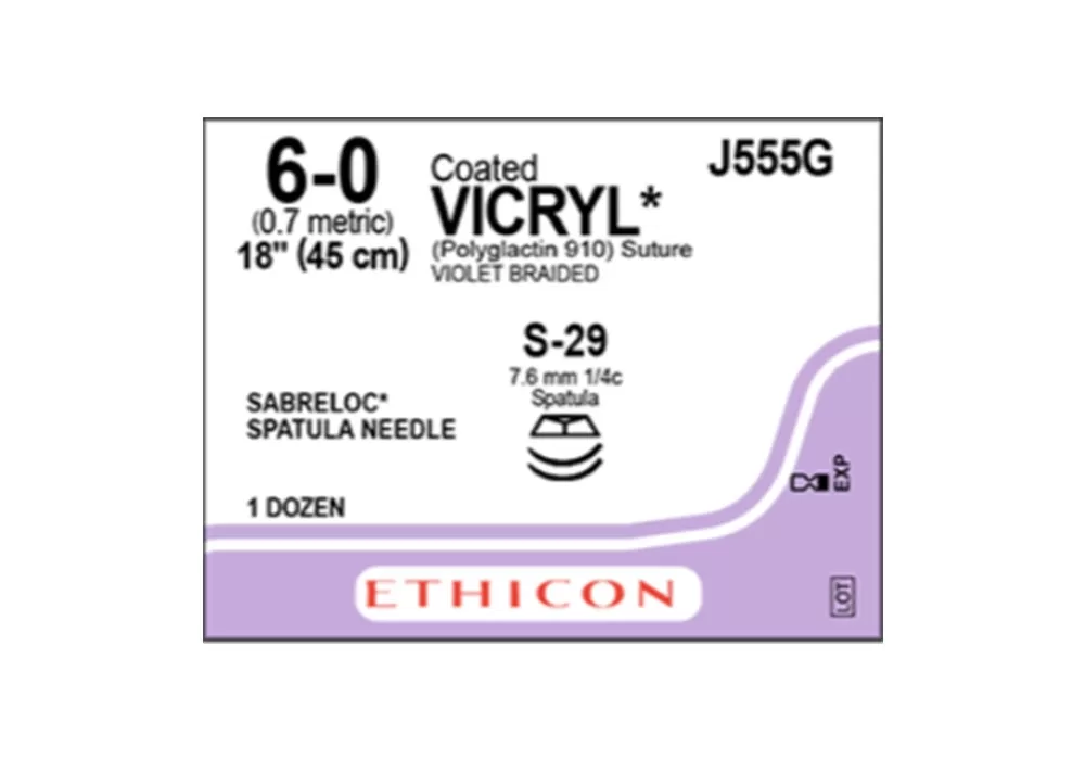 Ethicon 6-0 18" Coated Vicryl* (Polyglactin 910) Suture Violet Braided S-29 7.6 mm 1/4C Spatula ( of 12) (Purple)