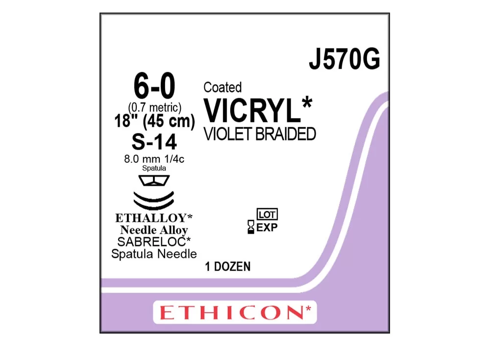 Ethicon 6-0 18" Coated Vicryl* (Polyglactin 910) Suture Violet Braided S-14 8.0 mm 1/4C Spatula ( of 12) (Purple)