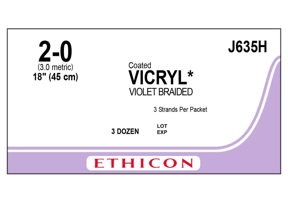 Ethicon 2-0 18" Coated Vicryl* (Polyglactin 910) Suture Violet Braided 3 Strands Per Packet ( of 36) (Purple)