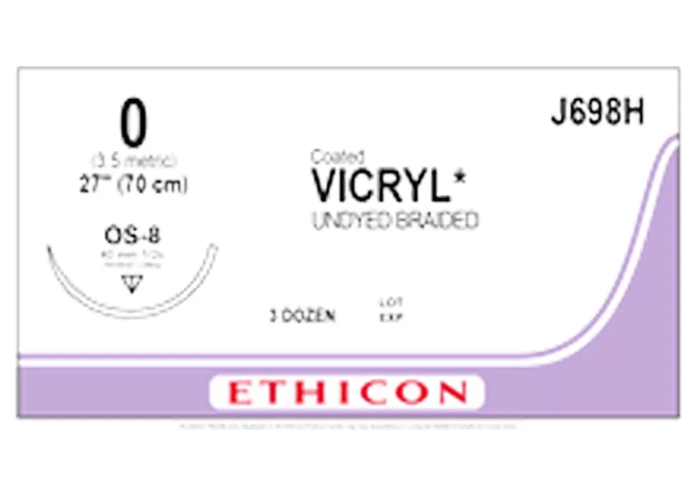 Ethicon 0 27" Coated Vicryl* (Polyglactin 910) Undyed Braided Suture, Os-8 40 mm 1/2C Reverse Cutting Needle ( of 36) (Purple)
