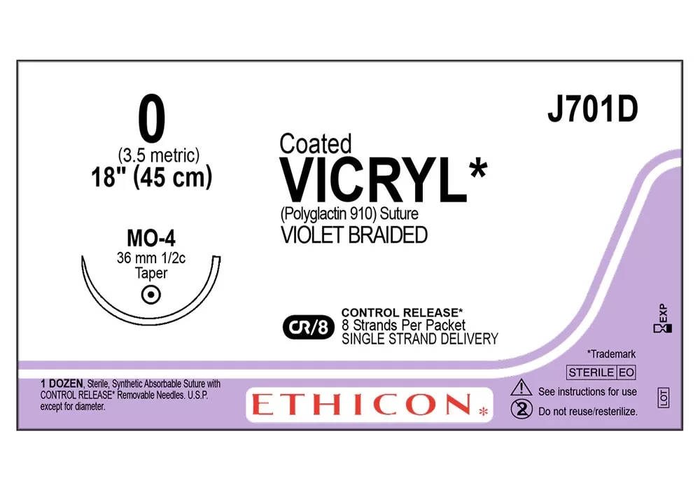 Ethicon 0 18" Coated Vicryl* (Polyglactin 910) Suture Violet Braided Cr/8 Control Release* 8 Strands Per Packet Single Strand Delivery Mo-4 36 mm 1/2C Taper ( of 12) (Purple)