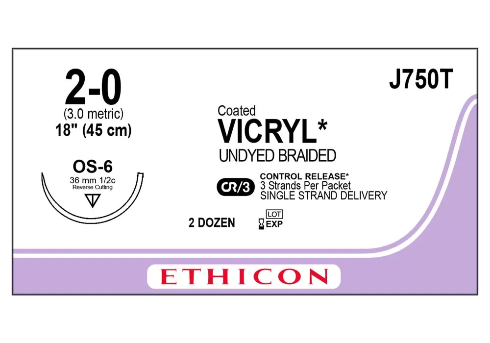 Ethicon 2-0 18" Coated Vicryl* (Polyglactin 910) Suture Undyed Braided Cr/3 Control Release* 3 Strands Per Packet Single Strand Delivery Os-6 36 mm 1/2C Reverse Cutting ( of 24) (Purple)