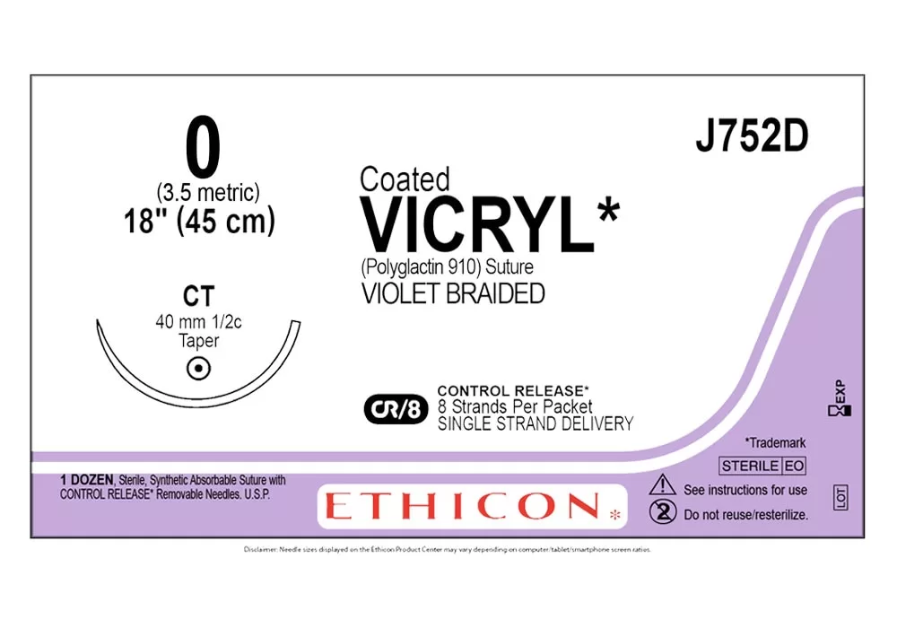 Ethicon 0 18" Coated Vicryl* (Polyglactin 910) Suture Violet Braided Cr/8 Control Release* 8 Strands Per Packet Single Strand Delivery Ct 40 mm 1/2C Taper ( of 12) (Purple)