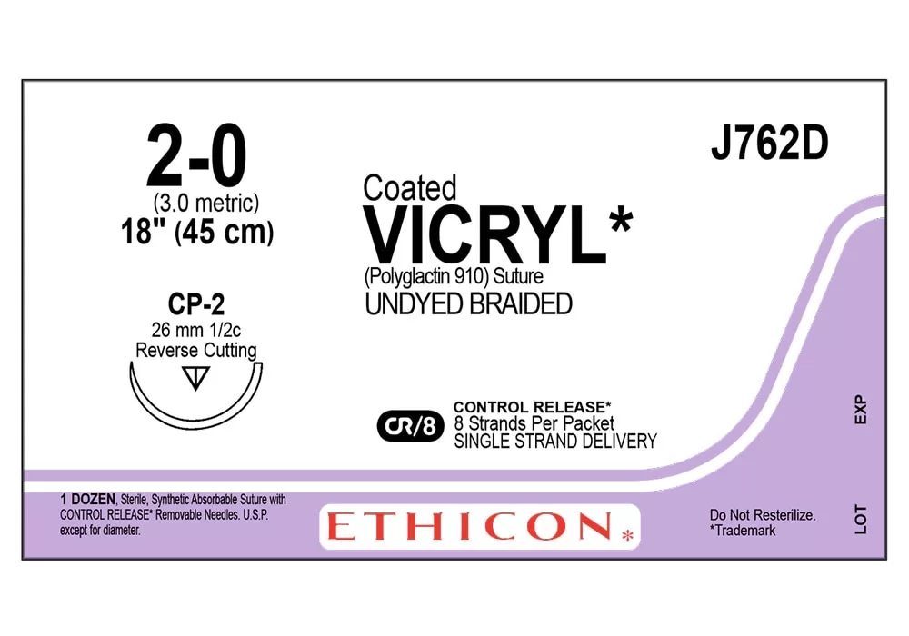 Ethicon 2-0 18" Coated Vicryl* (Polyglactin 910) Undyed Braided Absorbable Suture Cr/8 Control Release* 8 Strands Per Packet Single Strand Delivery Cp-2 26 mm 1/2C Reverse Cutting ( of 12) (Purple)