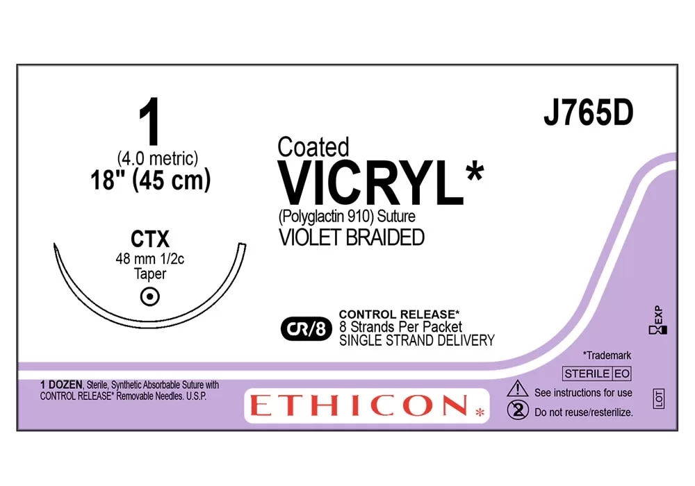 Ethicon 1 18" Coated Vicryl* (Polyglactin 910) Suture Violet Braided Cr/8 Control Release* 8 Strands Per Packet Single Strand Delivery Ctx 48 mm 1/2C Taper ( of 12) (Purple)