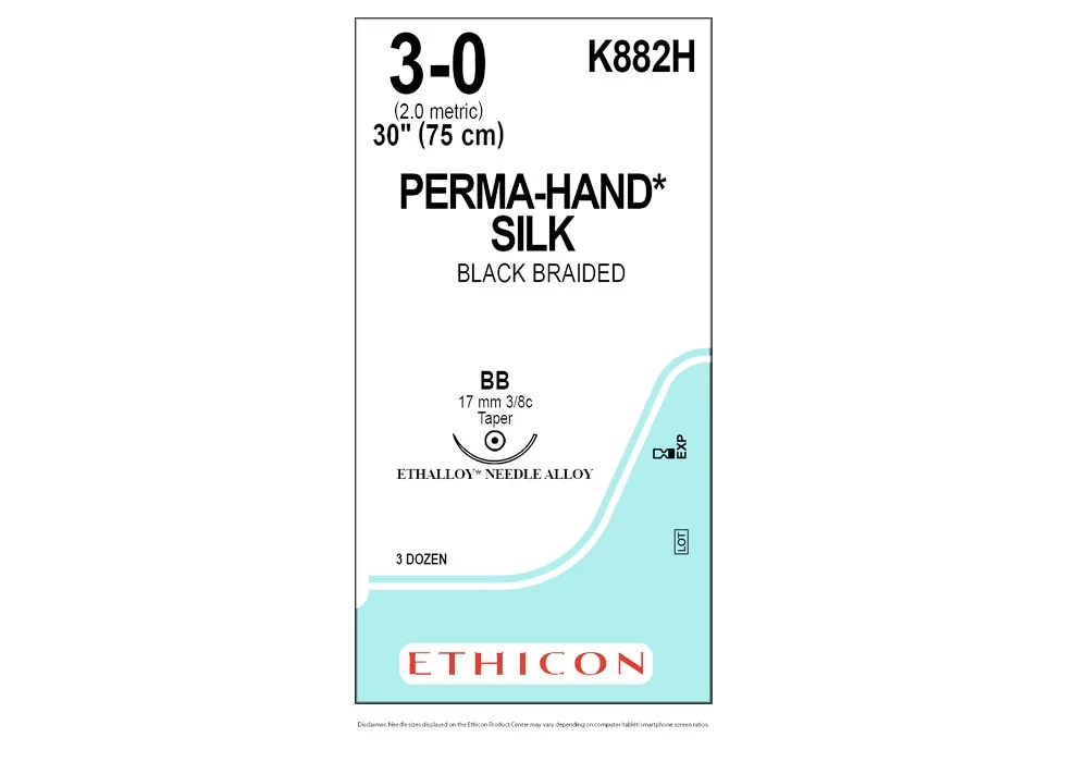 Ethicon 3-0 30" Perma-Hand* Silk Black Braided Suture, Bb 17 mm 3/8C Taper Point Ethalloy* Needle Alloy ( of 36)(Blue)