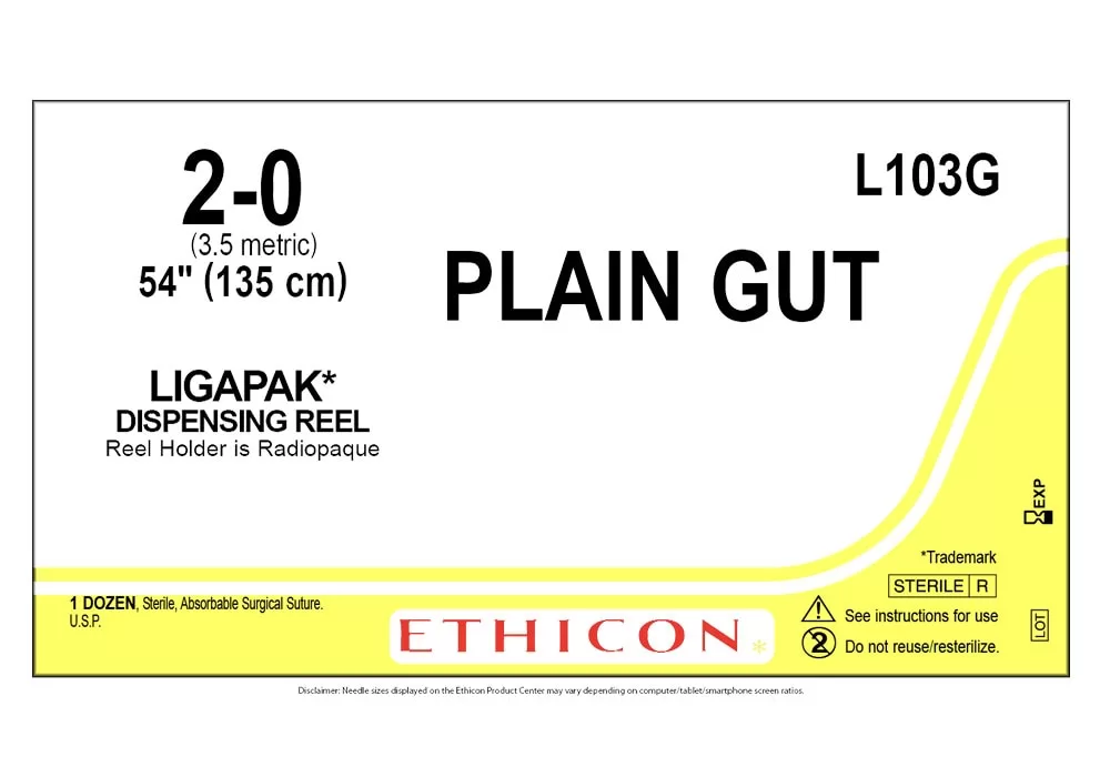 Ethicon 2-0 54" Plain Gut Suture Ligapak Dispensing Reel, Reel Holder Is Radiopaque ( of 12) (Yellow)