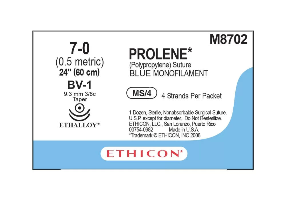 Ethicon 7-0 24" Prolene (Polypropylene) Suture Blue Monofilament Cr/4 Bv-1 9.3 mm 3/8C Taper ( of 12) (Blue)