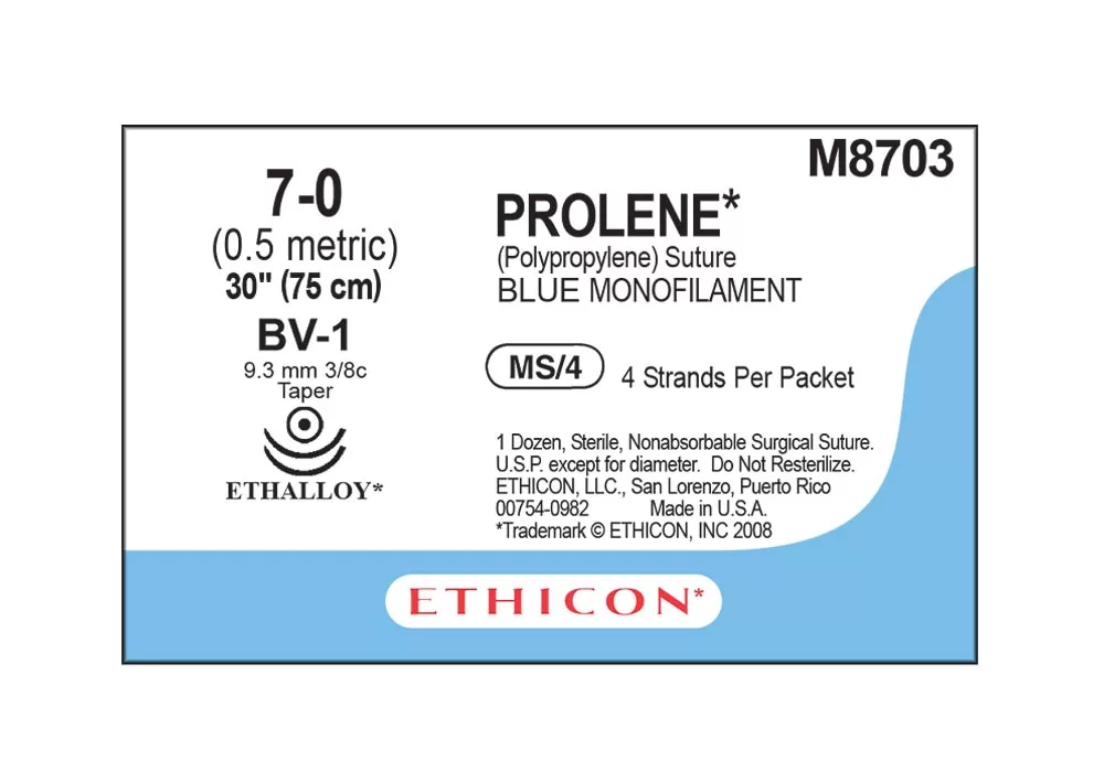 Ethicon 7-0 4X30" Prolene Polypropylene Blue Monofilament Non-Absorbable Suture Ms/4 Bv-1 9.3 mm 3/8C Taperpoint ( of 12)(Long)(Blue)