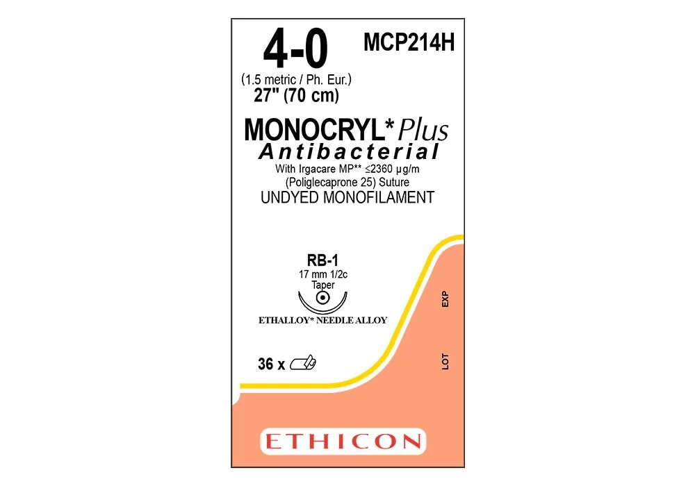 Ethicon 4-0 27" (70 cm) Monocryl* Plus Antibacterial (Poliglecaprone 25) Undyed Monofilament Suture With Irgacare MP**, Rb-1 17 mm 1/2C Taper Point, Ethalloy* Needle Alloy ( of 36) (Peach)