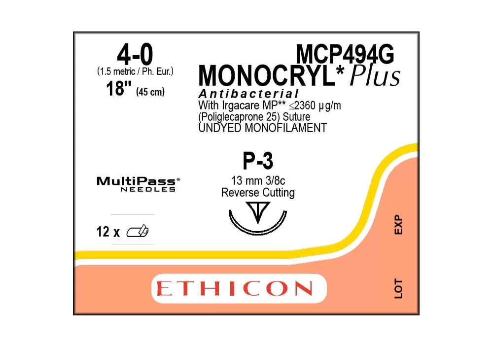 Ethicon 4-0 18" Monocryl Plus Antibacterial With Irgacare MP (Poliglecaprone 25) Suture Undyed Monofilament P-3 13 mm 3/8C Reverse Cutting ( of 12) (Peach)