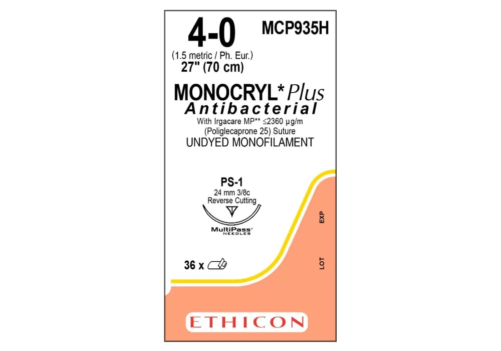 Ethicon 4-0 27" Monocryl* Plus Antibacterial With Irgacare MP <2360 (Poliglecaprone 25) Suture Undyed Monofilament Ps-1 24 mm 3/8C Reverse Cutting ( of 36) (Peach)