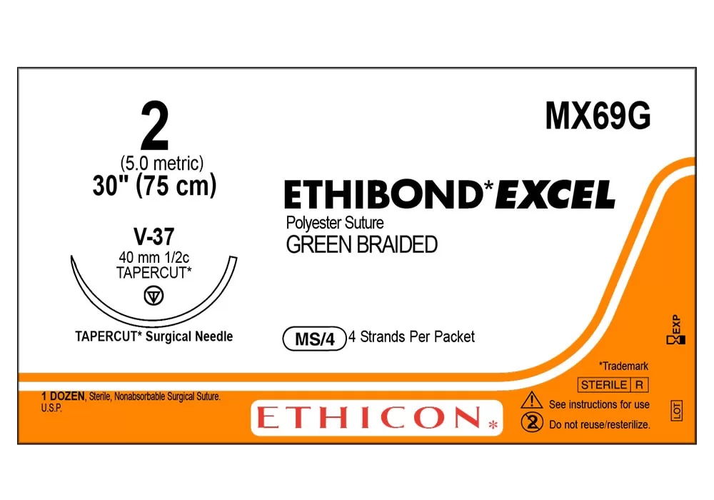 Ethicon 2-0 30" Ethibond* Excel Polyester Green Braided Non-Absorbable Suture Ms/4 4 Strands Per Packet V-37 40 mm 1/2C Tapercut ( of 12) (Orange)