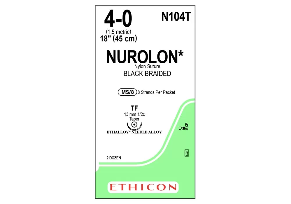 Ethicon 4-0 18" Nurolon* Nylon Suture Black Braided Ms/8 8 Strands Per Packet Tf 13 mm 1/2C Taper ( of 24) (Green)