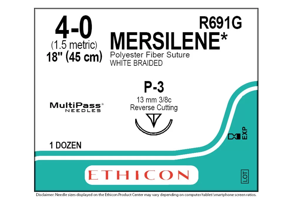 Ethicon 4-0 18” Mersilene Polyester Fiber Suture White Braided P-3-13 mm 3/8C Reverse Cutting ( of 12) (Teal)