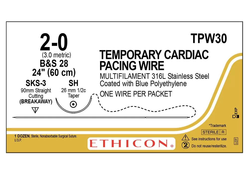 Ethicon 2-0 24" Temporary Cardiac Pacing Wire Multifilament 316L Stainless Steel Coated With Blue Polyethylene Nonabsorbable Surgical Suture One Wire Per Packet Sks-3 90 mm Straight Cutting (Breakaway) Sh 26 mm 1/2C Taper ( of 12) (Gold)