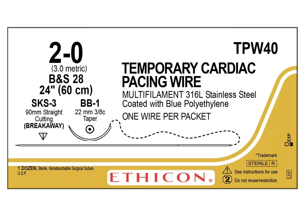 Ethicon 2-0 24" Temporary Cardiac Pacing Wire Multifilament 316L Stainless Steel Suture Coated With Blue Polyethylene, One Wire Per Packet, Sks-3 Straight Cutting Breakaway, 90 mm, Bb-1 22 mm 3/8C Taper ( of 12) (Gold)