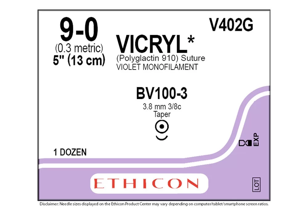 Ethicon 9-0 5" Vicryl* (Polyglactin 910) Violet Monofilament Absorbable Suture Bv100-3 3.8 mm Taper ( of 12) (Purple)
